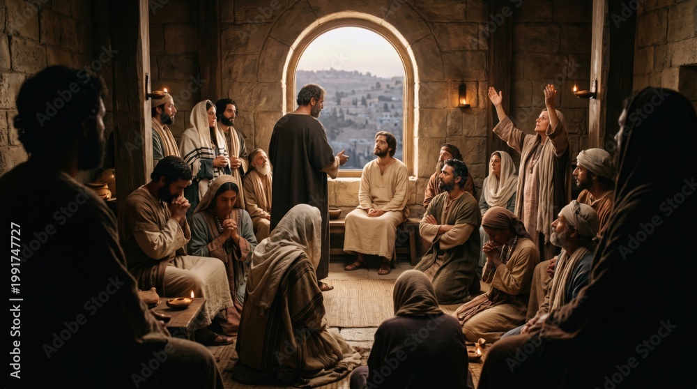 Obraz premium Apostles and women gathering in the upper room on Pentecost. Group of people praying and receiving the Holy Spirit in biblical Jerusalem. Scene from Acts of the Apostles, Christian event.