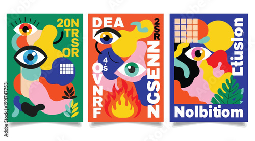 Canvastavla Set of abstract surreal posters with eyes and organic shapes