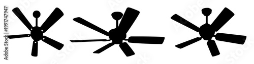 Ceiling fan set with black silhouette against white backdrop featuring fan, silhouette, white background with home decor and lighting