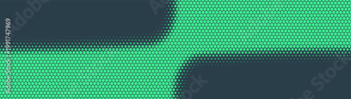 Hexagonal grid halftone pattern shifted divider ultra wide 32:9 aspect ratio turquoise vector futuristic technology eye-catching abstract background. Widescreen format half tone graphical abstraction