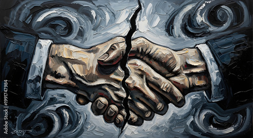 Impasto oil painting of hands shaking with central crack