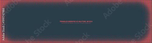 Triangles grid halftone serrated pattern rounded border frame ultra wide 32:9 aspect ratio red black vector abstract background. Half tone ultrawide format retro futuristic styled 80s abstraction