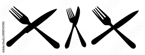 Fork and knife set with black silhouette on white background with crossed arrangement featuring cutlery, dining, kitchen with silhouette and minimalist