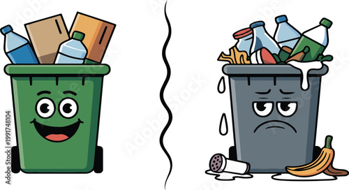 Happy recycled waste and sad mixed trash comparison concept promoting cleanliness environmental awareness recycling habits flat vector illustration design