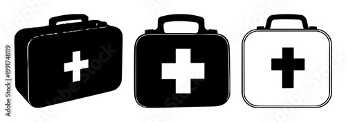 First aid kit set with clean black silhouette on white background featuring medical kit, emergency tools, health supplies with symbols and icons