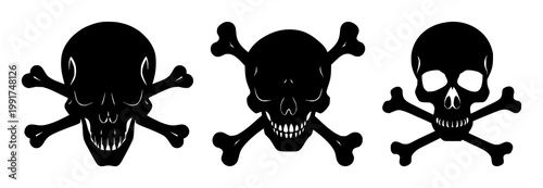 Skull and Crossbones set with black silhouette, white background featuring skull, crossbones, nautical symbols with maritime and warning
