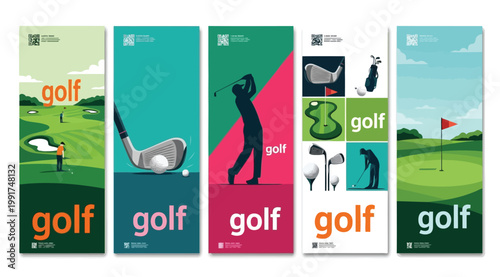 Photography Set of vertical golf banners with players, clubs, and golf course landscapes vec