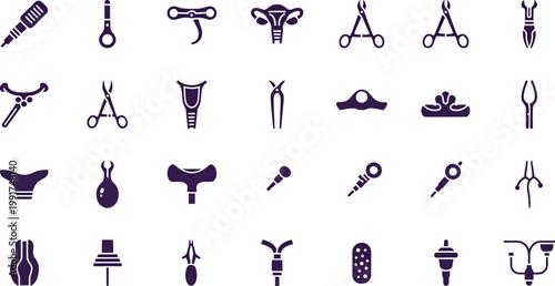 Assorted medical and surgical instruments and tools icon collection Vector