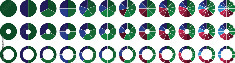 Obraz premium Circle pie chart diagram. Circle division infographic icon set. Loading bar set diagram multicolored collection. Pie chart divided 1,2,3,4,5,6,7,8,9,10, 11, 12 equal parts. 