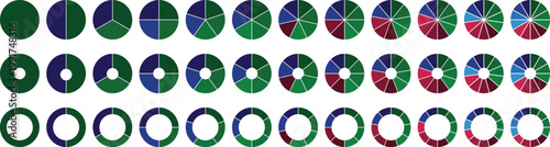Circle pie chart diagram. Circle division infographic icon set. Loading bar set diagram multicolored collection. Pie chart divided 1,2,3,4,5,6,7,8,9,10, 11, 12 equal parts.	