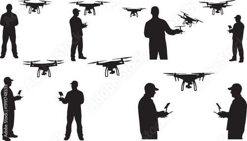 Silhouettes of people operating drones in various positions outside