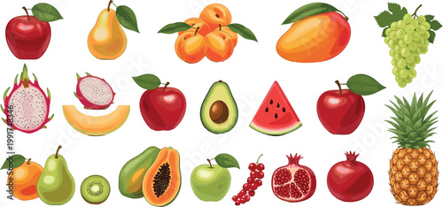 Tropical and fresh fruit collection with apple mango pineapple avocado watermelon and grapes, colorful healthy food vector illustration set isolated background