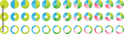 Circle pie chart diagram. Circle division infographic icon set. Loading bar set diagram multicolored collection. Pie chart divided 1,2,3,4,5,6,7,8,9,10, 11, 12 equal parts.	