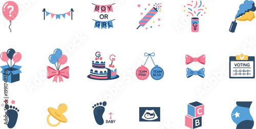 Collection of icons representing baby related themes and gender reveal celebrations Vector