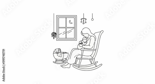Woman rocking baby in chair beside crib, window showing moon