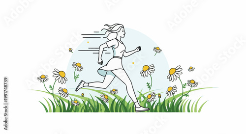 Woman running through a field of daisies, motion lines, and grass