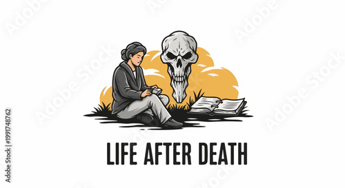 Woman studies book before skull, symbolizing life, death, and knowledge