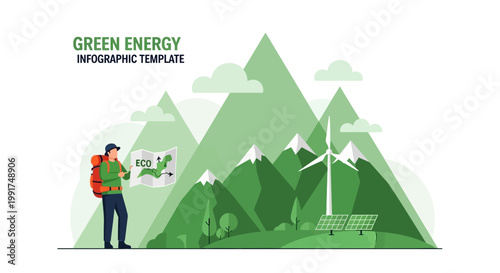 Green Energy Infographic Template with Mountains, Wind Turbine and Solar Panels