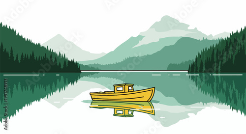 Yellow boat on serene lake with misty mountains and reflection