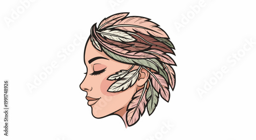Woman with feathers in hair, profile view, closed eyes, soft colors
