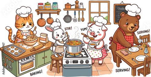 Animal Cooking Kitchen Activity Cartoon Illustration Set Featuring Baking Stirring Serving Cat Rabbit Pig Bear Editable Vector Collection