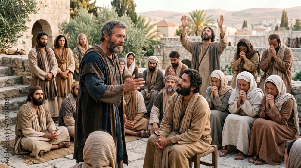 Obraz premium Apostle preaching to a group of disciples in ancient Jerusalem. Men and women gathered for prayer and spiritual teaching in biblical times. Religious scene representing Pentecost history.