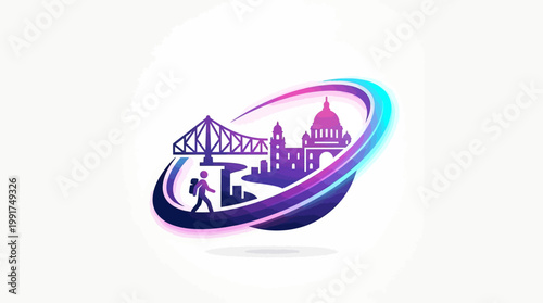 Abstract illustration of a city skyline with a traveler silhouette.