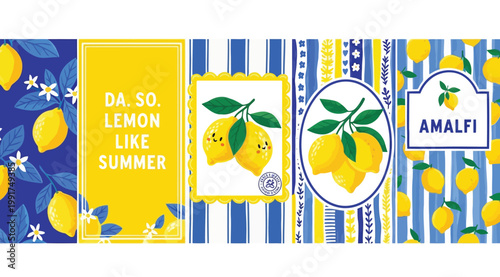 Amalfi style lemon summer pattern collection with blue and white stripes