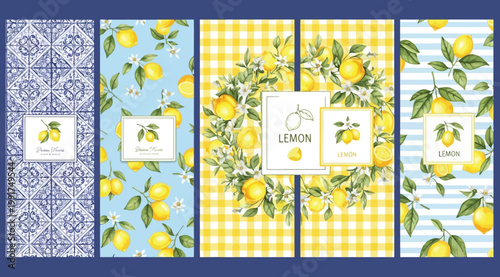 Lemon pattern collection with citrus fruits, leaves, and flowers on various backgrounds