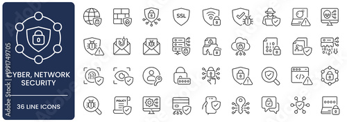 Cybersecurity and network security line icon set. Collection of data protection, firewall, encryption and access control outline vector symbols with editable stroke.