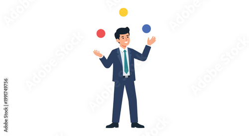 A businessman skillfully juggling colorful balls demonstrating balance and multitasking abilities
