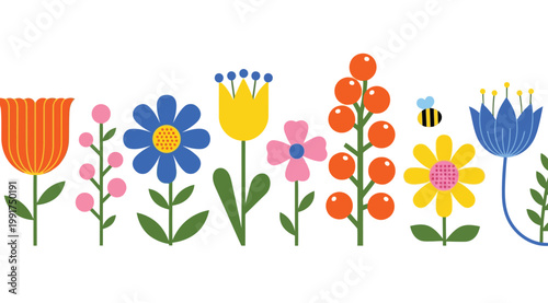 Colorful floral border with stylized flowers and a small bee
