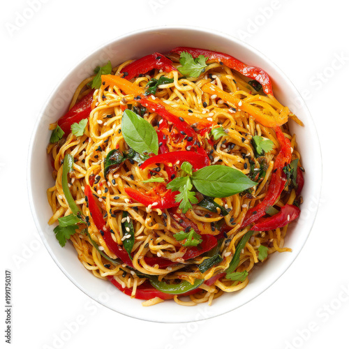 delicious noodles with vegetables and herbs in a white bowl isolated on transparent background