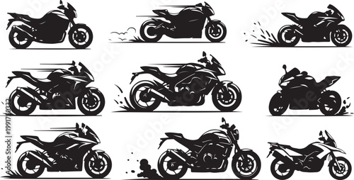 Set of black motorcycle silhouettes on white background vector