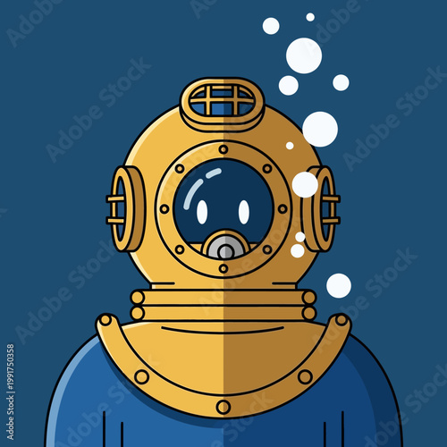 Vintage Diving Helmet with Bubbles Underwater.