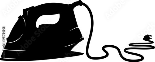 Modern Electric Steam Iron Silhouette with Winding Power Cord and Plug for Laundry and Housekeeping Services Vector Illustration