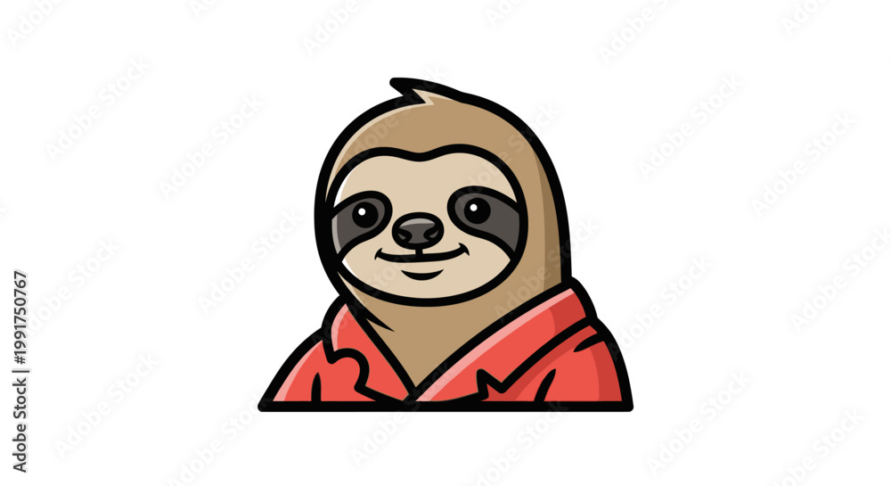 Obraz premium Cartoon sloth in red shirt smiling on white background vector illustration