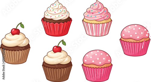 Cupcake Dessert Illustration Set with Chocolate and Strawberry Frosting, Cream Swirls, and Cherry Toppings for Bakery, Cafe, and Sweet Food Design