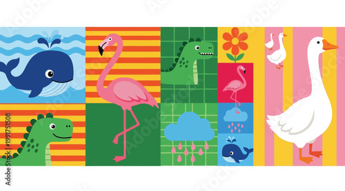 Colorful cartoon animal pattern with whale, flamingo, dinosaur, goose, and weather icons