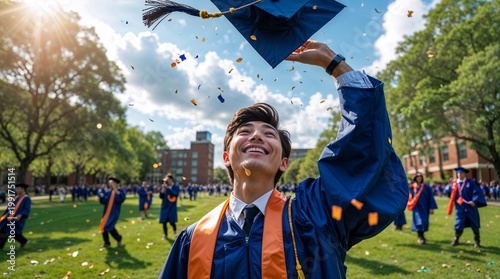 Student Throwing Graduation Cap on Open Campus Field