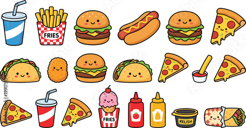 Cute Fast Food Illustration Set with Burger, Pizza, Taco, Hot Dog, Fries, and Soft Drink Cartoon Icons for Kids Menu and Street Food Design