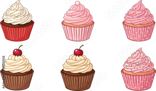 Cupcake Dessert Illustration Set with Chocolate and Strawberry Frosting, Cream Swirls, Sprinkles, and Cherry Toppings for Bakery and Cafe Food Design