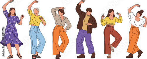 Dancing people vector illustration set with stylish men and women modern fashion outfits and expressive movement poses collection