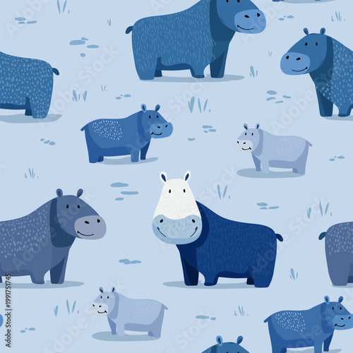 Vector blue color seamless pattern with cute hippos on blue field background