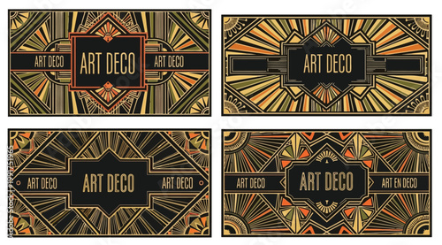 Set of elegant art deco frames and borders with geometric patterns and gold accents