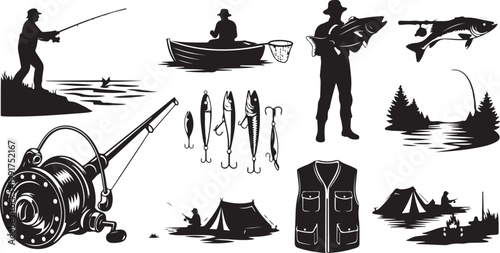Fishing and camping icons in black and white style