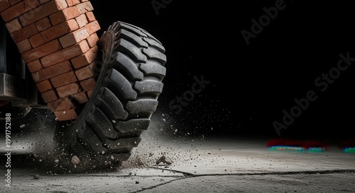Heavy tire crushing bricks on ground, showcasing tire's power in action. Tire moving rapidly breaks through bricks, creating dust and debris on surface.