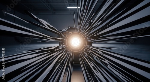 Dynamic abstract light effect with beams radiating from bright central source in dark industrial setting. Light rays create striking visual impact, emphasizing modern technology aesthetic.