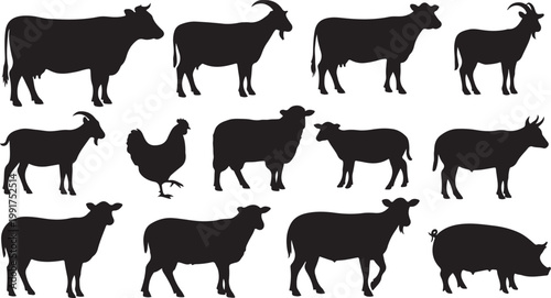 Black silhouettes of farm animals on white background illustration