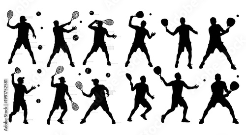 Minimalist Tennis Swing Action Sequence in Silhouette Vector Style